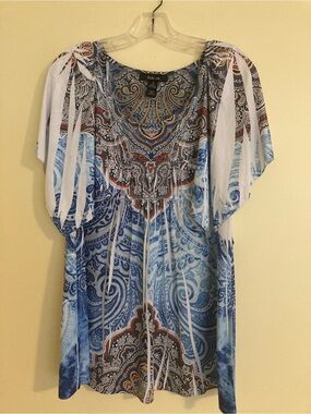 Style & Co. Blue Paisley Tie-Front Flutter Sleeve Tunic